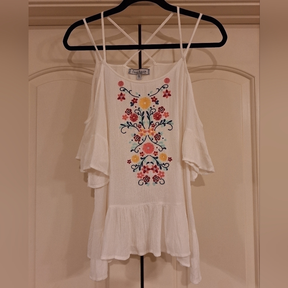 Crave Fame Off Shoulder Criss Cross Strap Embroidered Bohemian Floral Gauze Top